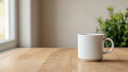 White mug standing on wooden table in cozy room with soft light