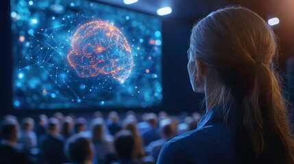 Digital brain visualization on large screen with audience in dark auditorium, representing technology, neuroscience, and cognitive re discoveries in modern society.