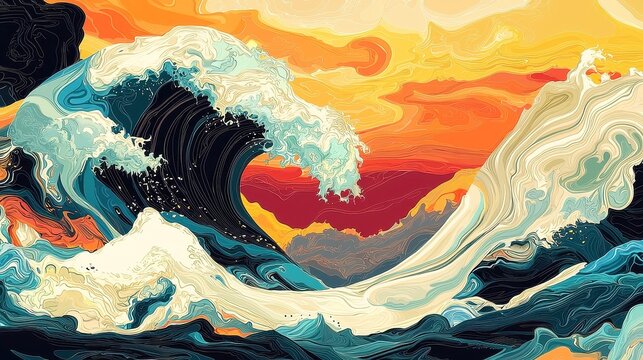 Whispering Tidal Harmony, a meditative swirl of ocean tones, bold black outlines, simple solid colors, pop art inspired, featuring clean geometric style and a cool neon-lit palette