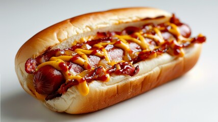 Hotdog with bacon, cheese, ketchup and mustard. Isolated on white surface. Room for copy space. Fast food, junk food, street food concept.