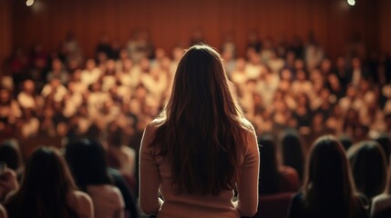 A motivational seminar for women empowerment, a female speaker on stage with a packed audience of inspired women