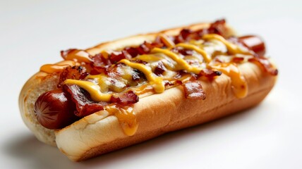 Hotdog with bacon, cheese, ketchup and mustard. Isolated on white surface. Room for copy space. Fast food, junk food, street food concept.