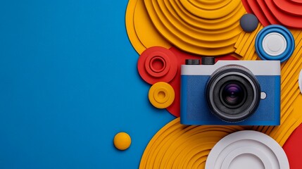 Capturing the Moment: A blue camera lens peeks out from a vibrant, abstract composition of colorful, paper-cut circles and swirls on a bright blue background.  