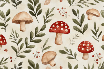 Beautiful hand-drawn mushroom and leaf pattern in earthy tones on a light background.