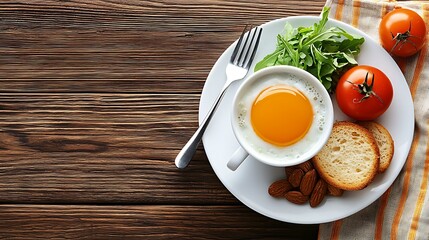 Sunny-side up egg breakfast, wooden table, tomatoes, and bread