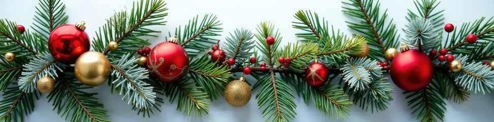 Fototapeta premium Fir branches with ornaments and garland wrapped around, garland decorations, winter foliage arrangements, white Christmas fir