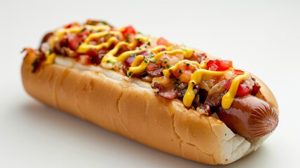 Hotdog with bacon, cheese, ketchup and mustard. Isolated on white surface. Room for copy space. Fast food, junk food, street food concept.