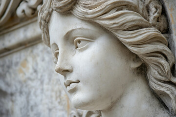 A white bas-relief showing a woman face with flowers generative AI technology