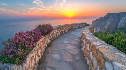 Fototapeta premium Sunset coastal path, ocean view, flowers, cliff. Travel brochure, website