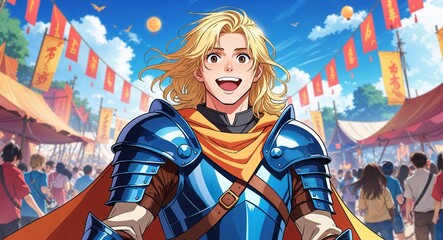 young adult male excited long blonde hair armor and cape at a lively festival illustration anime cartoon background