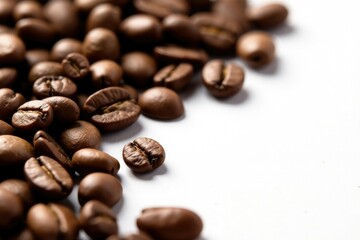 Freshly picked Arabica coffee beans scattered on white background, arabica coffee beans, white background
