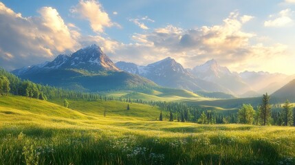 Fototapeta premium Alpine pastures under the sunshine