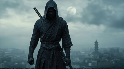 Naklejka premium Stealthy Ninja Standing on Rooftop Under Moonlight with Dramatic Cityscape Background