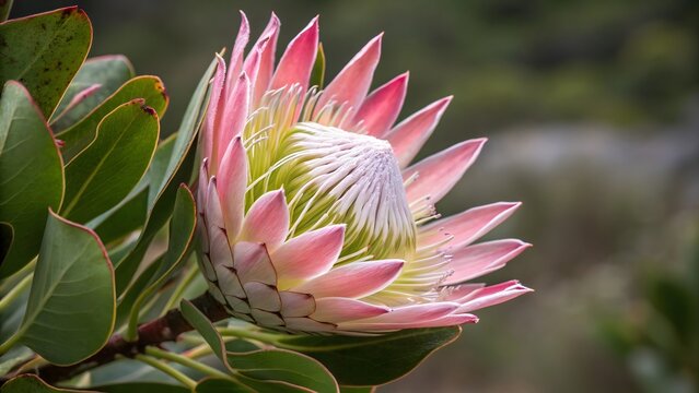 Gorgeous King Protea flower blooming in South African fynbos on a sunny day.