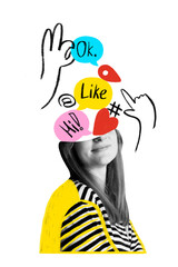 Conceptual art design. Woman with floating chat bubbles, likes, and social media icons replacing top of head against black background. Concept of social media, Internet, blogging. Ad