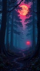 Spooky forest with glowing eyes, woods, spooky