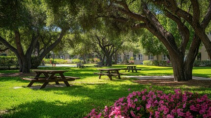 Fototapeta premium A serene outdoor study area on campus, with picnic tables under large shady trees, surrounded by blooming flowers and green grass