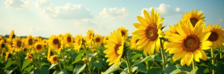Fototapeta premium Sunflower field with tall golden flowers, nature, golden background