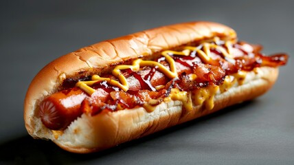 Hotdog with bacon, cheese, ketchup and mustard. Isolated on dark surface. Room for copy space. Fast food, junk food, street food concept.