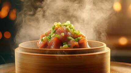 Lab-grown meat dim sum assortment in bamboo steamers, innovative Asian fusion culinary experience, vibrant presentation, sustainable dining option