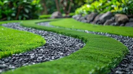 Serene garden pathway with lush green grass and smooth pebbles, surrounded by vibrant foliage