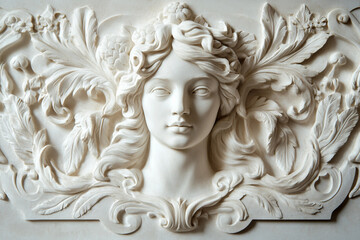 Fototapeta premium Carved image of an elegant bas relief on a textured wall with gypsum generative AI technology