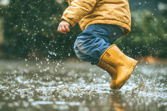 Child in yellow boots joyfully jumping in puddle on rainy day in autumn park