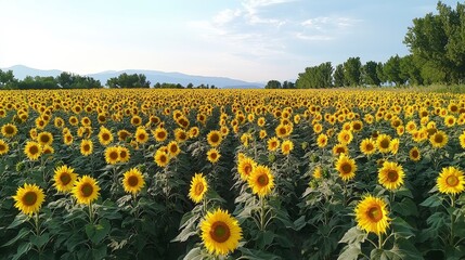 Vibrant Sunflower Field Under Clear Sky in Rural Landscape