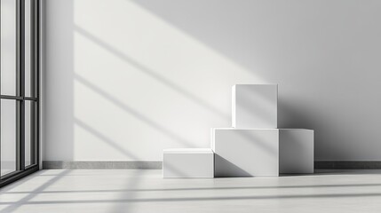 Fototapeta premium Bright and Minimalist White Room Featuring Large Window Allowing Natural Light to Flood In Creating an Airy Atmosphere Perfect for Relaxation and Creative Inspiration with a Simple White Box