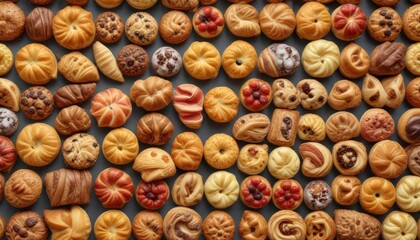pastries arranged in a pattern of different colors , flavored, pastel hues