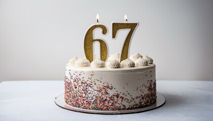 Decorated white cake for birthday or anniversary party, candle number 67, white background