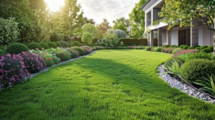 Fototapeta premium Lush green garden with manicured lawns, vibrant flowers, and sunlight filtering through trees
