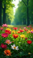 Fototapeta premium Large colorful flowers in a lush green field with trees, forest, nature, blooms