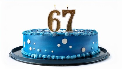 Decorated blue cake for birthday or anniversary party, candle number 67, white background