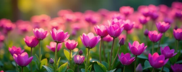 Fototapeta premium Low-growing, cup-shaped flowers in shades of pink and purple, perennial, autumn blooms, landscape