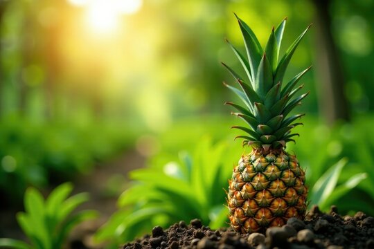 Pineapple tree growing on a plantation with sunlight filtering through branches, greenery, plant