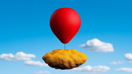 A Dream Takes Flight: A lone red balloon hovers above a fluffy, golden cloud against a bright blue sky.