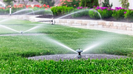 Sprinklers watering lush green lawn with vibrant flowers in the background on a sunny day