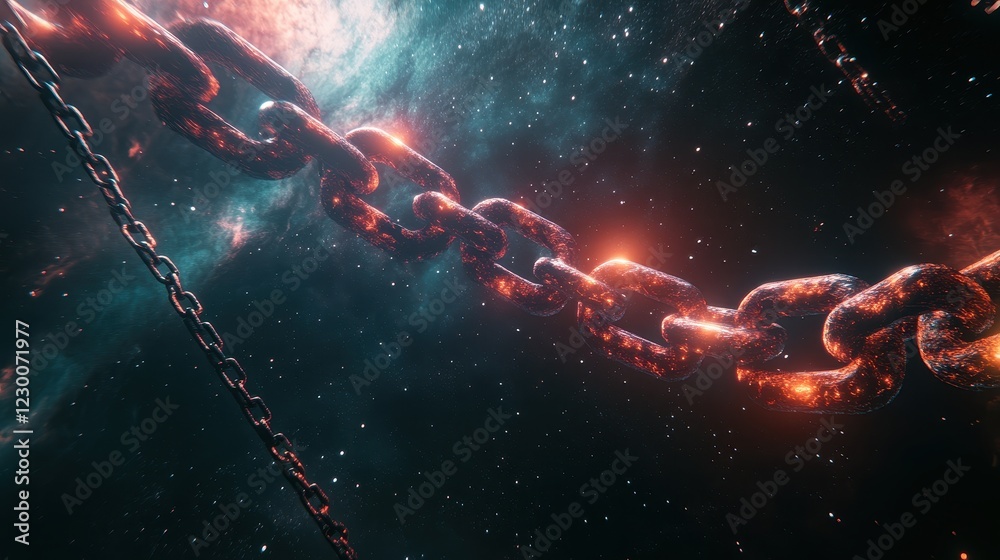 Wall mural 3d rendered chain links in cosmic background with abstract elements