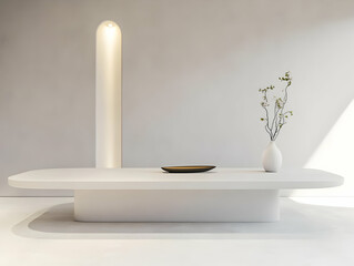 Minimalist white table, vase, sunlight. Interior design