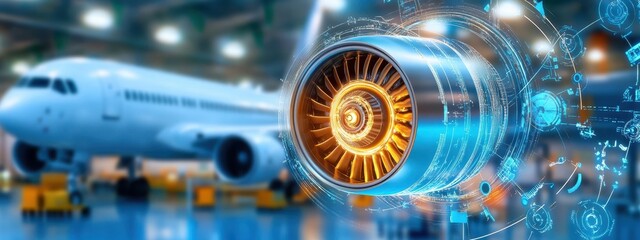 Futuristic Aircraft Turbine Design and Airport Environment with Blurred Airplane Background and Technical Overlays of Engineering and Innovation Concepts