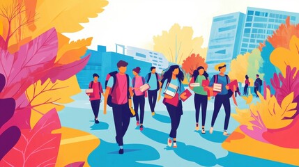 A vibrant vector illustration of college students walking to class, carrying books and backpacks, surrounded by a colorful campus environment