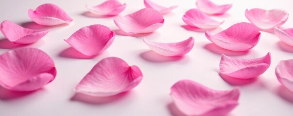 Obraz premium Pink rose petals scattered on a soft white surface, gentle, background, petals