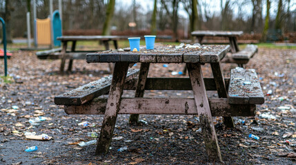 Naklejka premium Picnic Table in a Suburban Park Surrounded by Trash and Debris After a Rainy Day