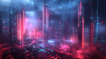 Fototapeta premium Futuristic Cityscape Neon Lights Digital Architecture Cyberpunk Scenery