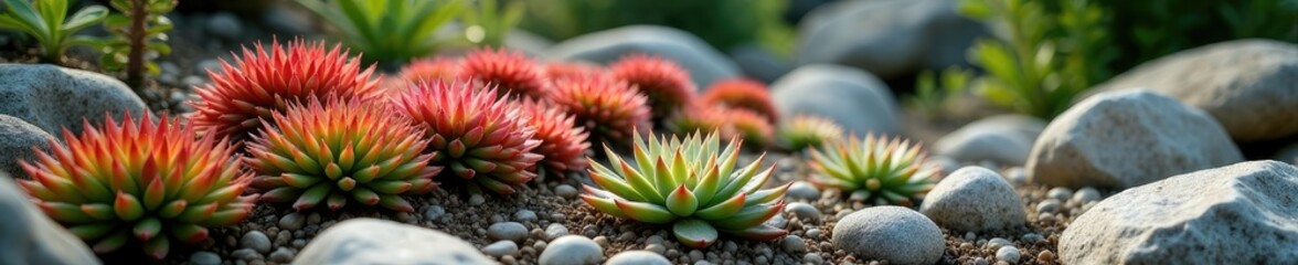 Fototapeta premium Rock garden with Sempervivum montanum alpine rosettes, rocks, succulents, plants