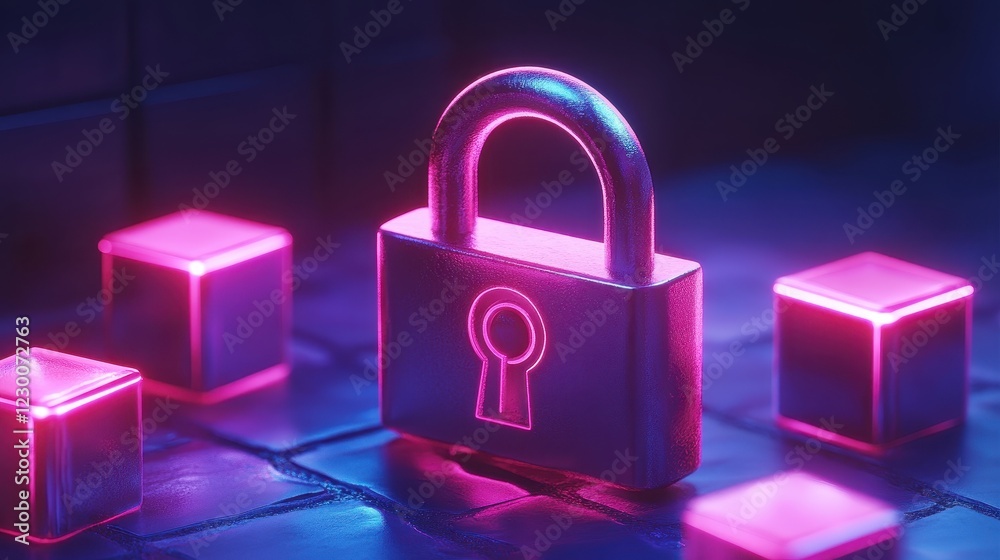 Wall mural digital padlock surrounded by glowing cubes in conceptual setting
