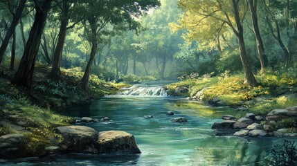 Obraz premium Tranquil forest stream, sunlight dappling, lush greenery, peaceful nature scene; game background