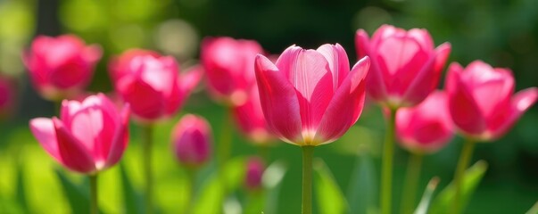 Obraz premium Rosa tulipanes floreciendo en un jard?n de primavera, jard?n, florecimiento,