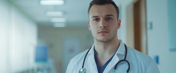 Confident young caucasian male doctor with stethoscope in hospital corridor